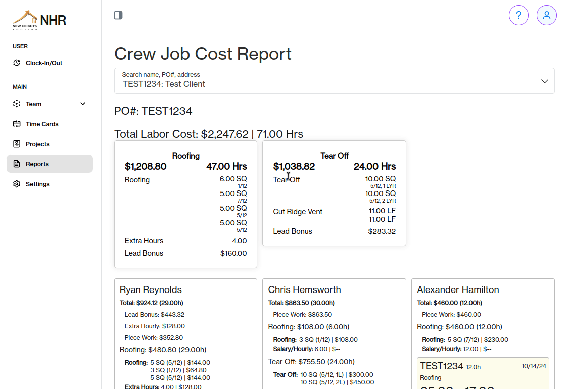 Piece Work Pro job costing report showing labor costs broken down by project and crew member