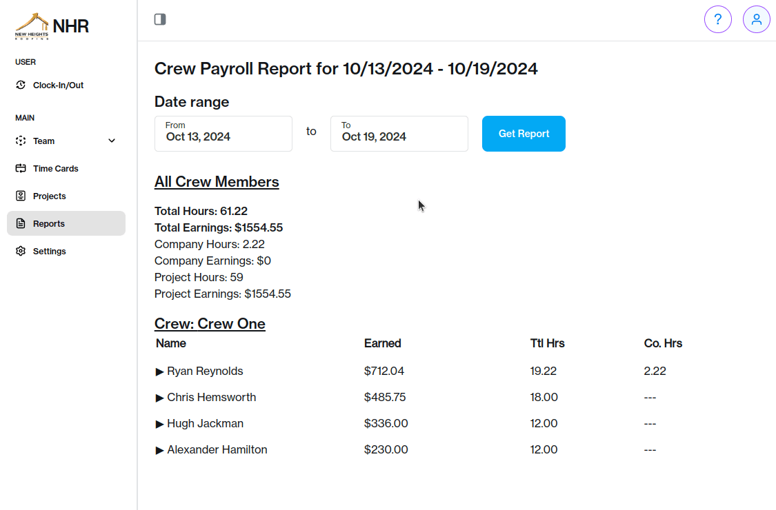 Piece Work Pro payroll report showing earnings breakdown by crew member with daily and period totals