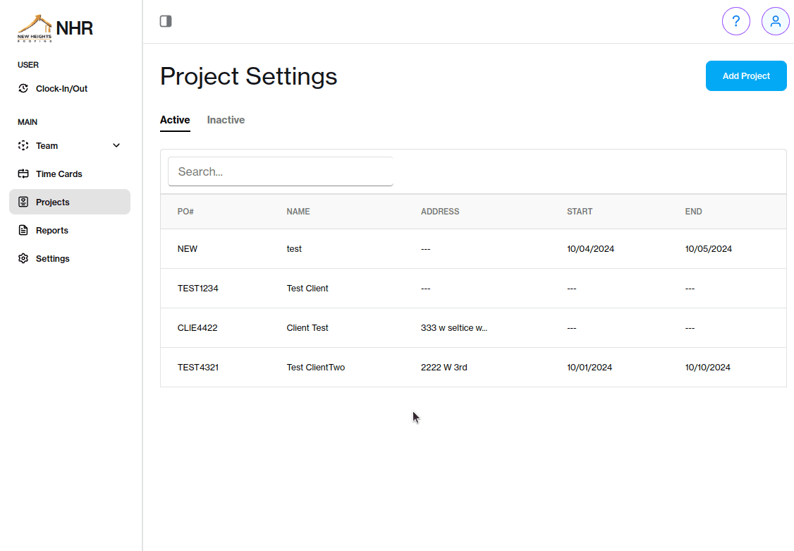 Piece Work Pro project settings showing a list of active construction projects with client names, addresses, and dates