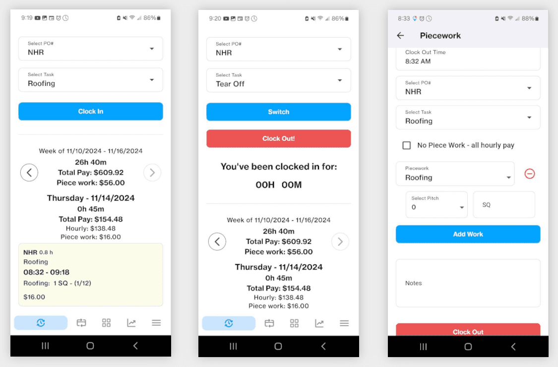 Piece Work Pro mobile app showing crew clock-in and piece work entry